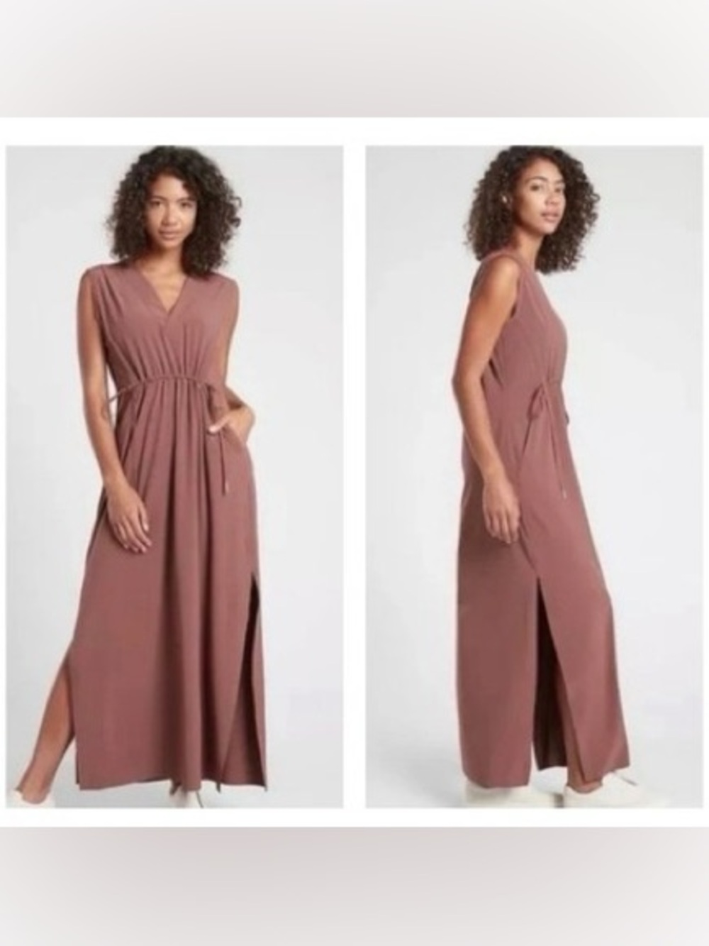 Athleta Marlow Green Sleeveless V-Neck Maxi Dress with Tie Waist
